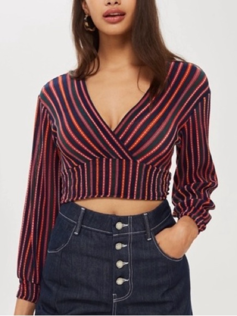 Topshop Striped Wrap Crop Top in Black, Red & Orange